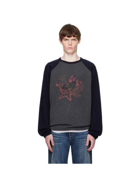 Gray & Navy Printed Raglan Knit Pullover Sweater