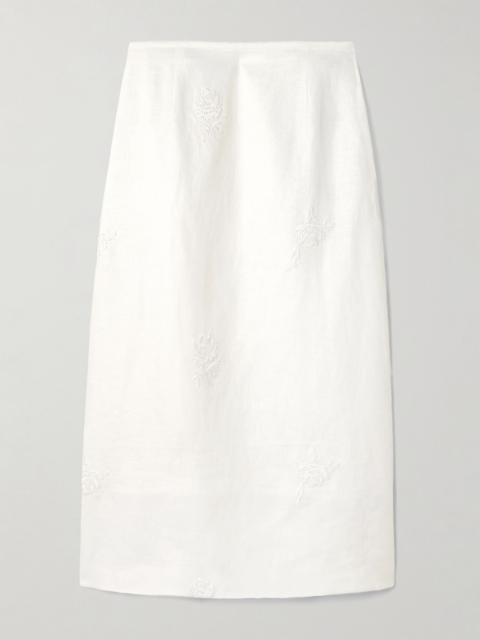 Alessandra embroidered linen midi skirt White