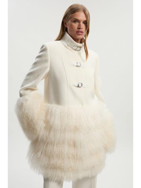 Brushed Wool And Shearling Buckle Detail Short Tailored Coat