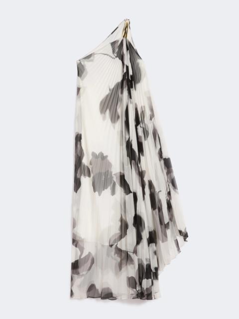 Printed chiffon one-shoulder dress - WHITE