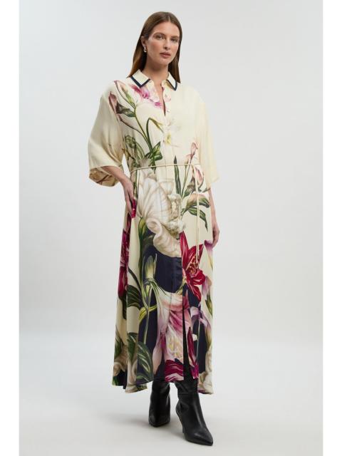 Viscose Satin Floral Printed Oversized Shirt Woven Maxi Dress