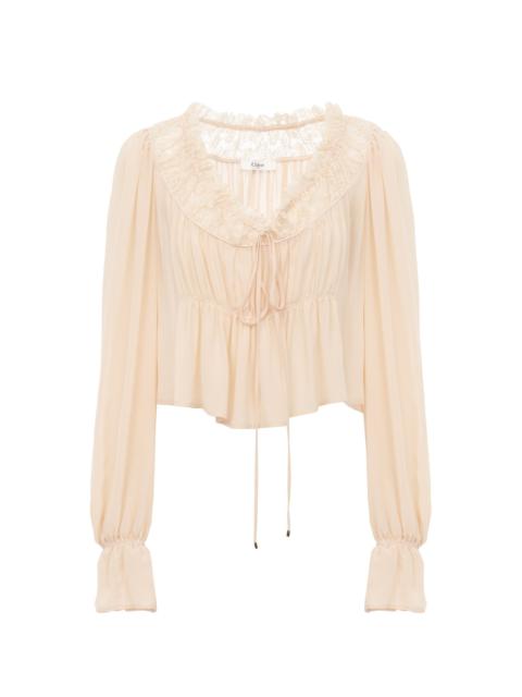 SCOOP-NECK CROPPED TOP IN SILK GEORGETTE & LACE