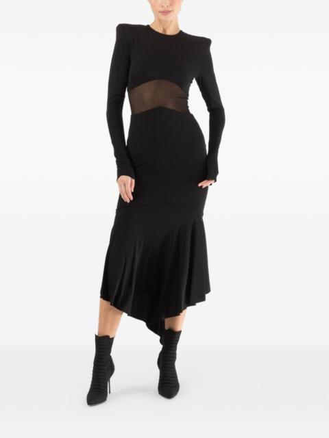 sheer panel ruffled midi dress