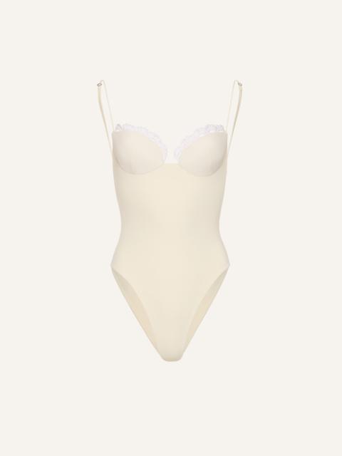 Crochet-trim bustier swimsuit in cream