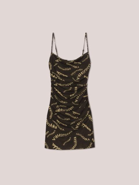 ADIE - Sleeveless mini dress with draped/ruched body - Hand drawn print