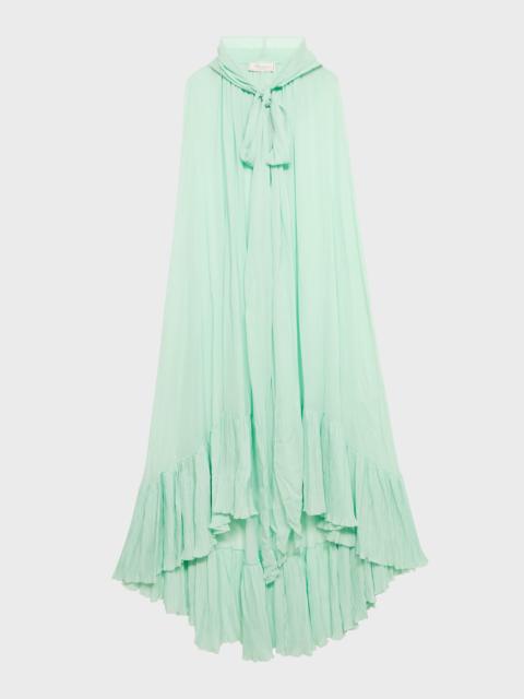 GEORGETTE CAPE WITH HOOD AND PLEATED RUFFLE