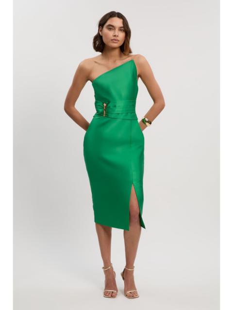 Satin Twill Trim Detail Structured Asymmetric Neck Tailored Midi Dress