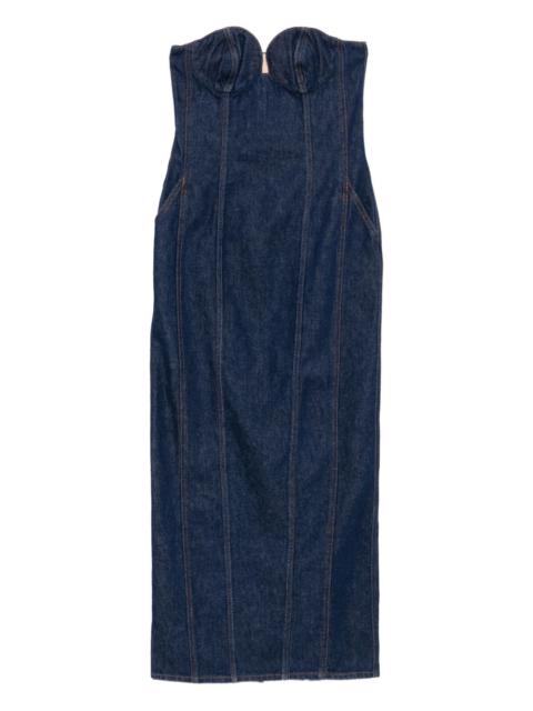 strapless denim midi dress