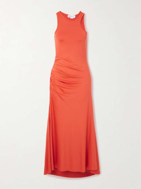 Asymmetric ruched satin-jersey midi dress Papaya