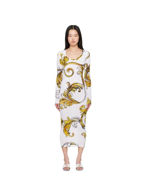 White & Yellow Outline Barocco Midi Dress