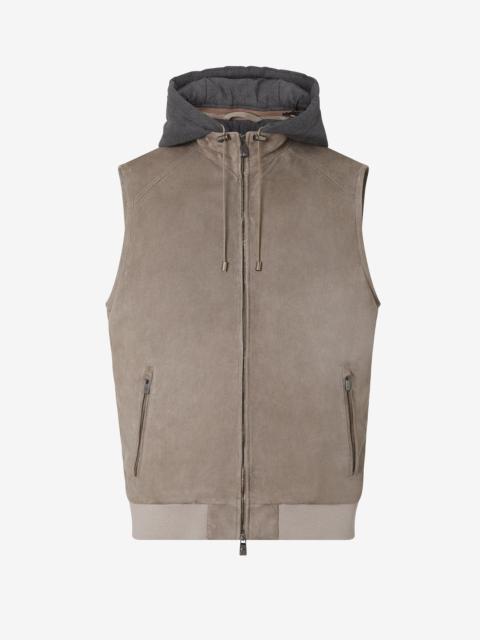 Greige suede gilet with detachable hood
