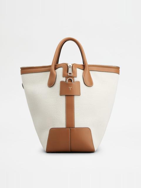 TOD'S DI BAG SWING IN CANVAS E LEATHER MEDIUM - WHITE, BROWN