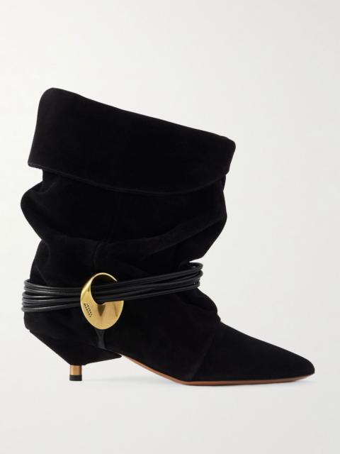 Edrika leather-trimmed embellished gathered suede ankle boots Black
