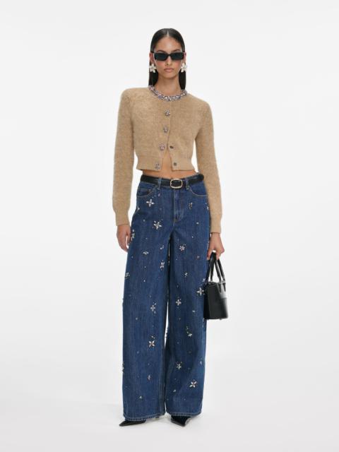 Blue Embellished Wide Leg Jeans