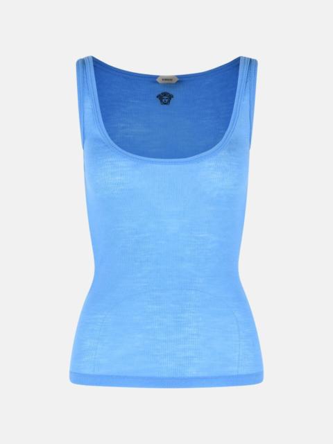 RIBBED VIRGIN WOOL TANK TOP WITH SKY BLUE EMBROIDERY