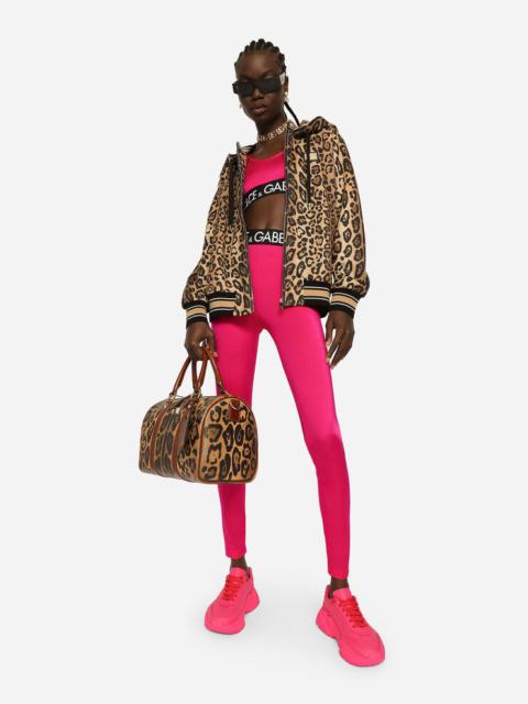 Zip-up jersey hoodie with leopard print