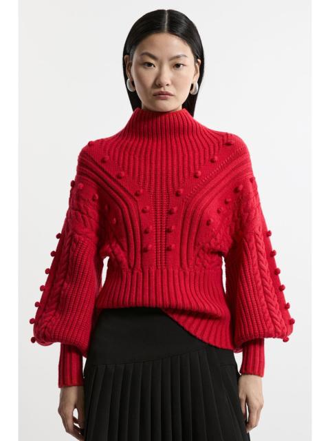 Bobble Detail Balloon Sleeve Cable Knit Viscose Blend Jumper