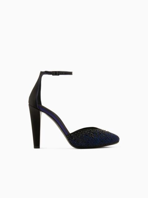 SATIN, MESH AND RHINESTONE COURT SHOES WITH STRAP