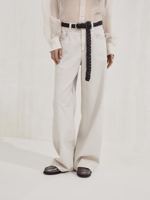 Stretch dyed denim loose barrel trousers with monili