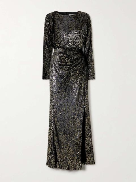 Angelique ruched metallic fil coupé velvet gown
