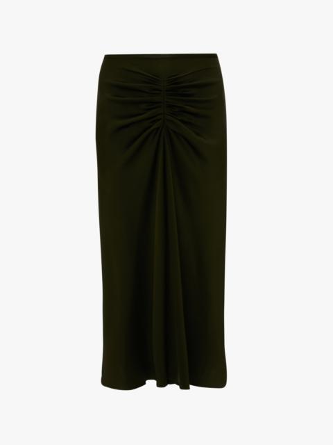 Gathered Waist Midi Skirt In Dark Olive