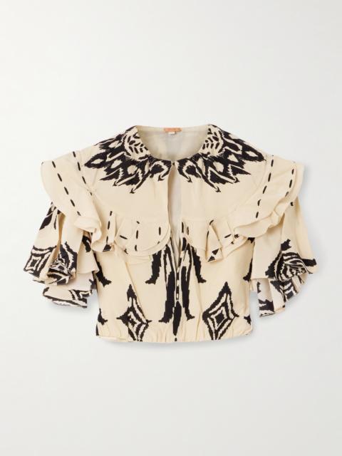 Influencial Tribes Cropped Ruffled Printed Silk-chiffon Top