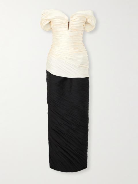 Off-the-shoulder Pleated Two-tone Mikado And Taffeta Gown