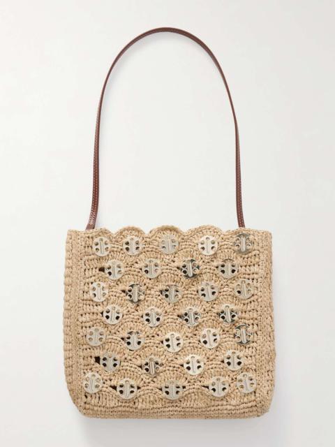 Leather-trimmed embellished woven raffia shoulder bag