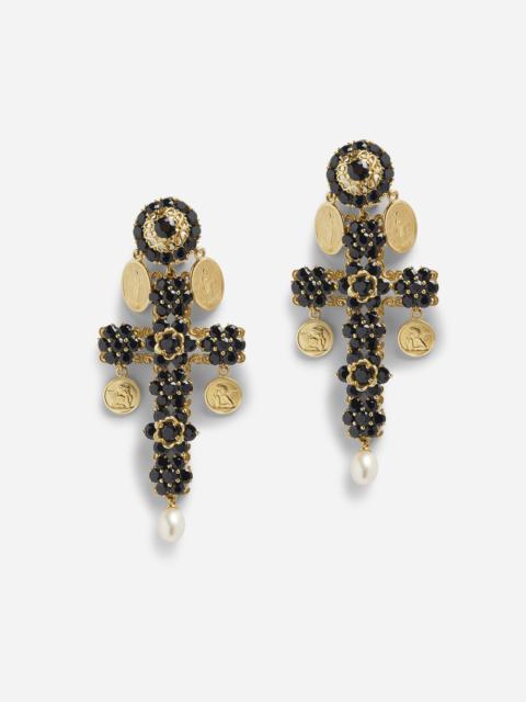 Cross earrings with sapphires and medallions