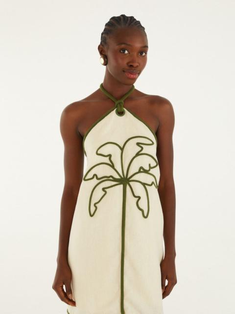 Sand Coconut Embroidery Halter Neck Euroflax™ Premium Linen Mini Dress