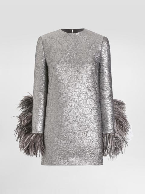 Quilted lamé jacquard sack minidress with feathered cuffs