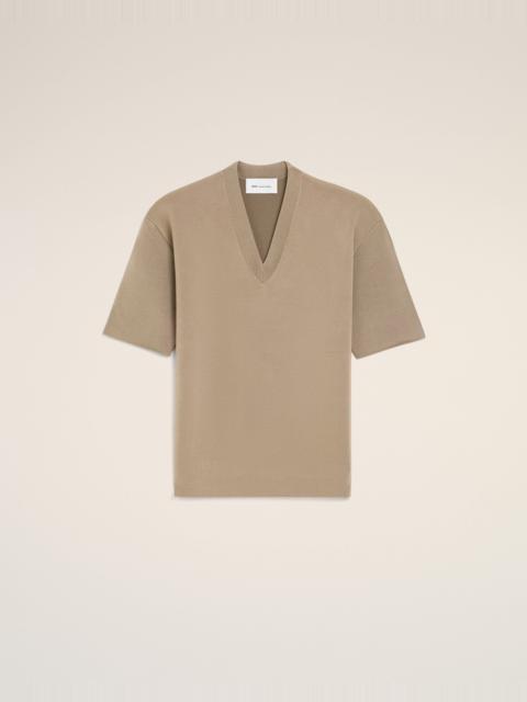 BEIGE WOOL SHORT SLEEVES V NECK SWEATER