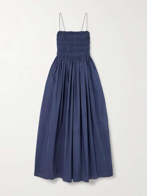 Shirred organic cotton and silk-blend poplin maxi dress Blue