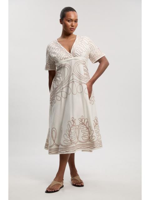 Plus Size Cotton Linen Cornelli Embroidery Open Back Woven Midi Dress
