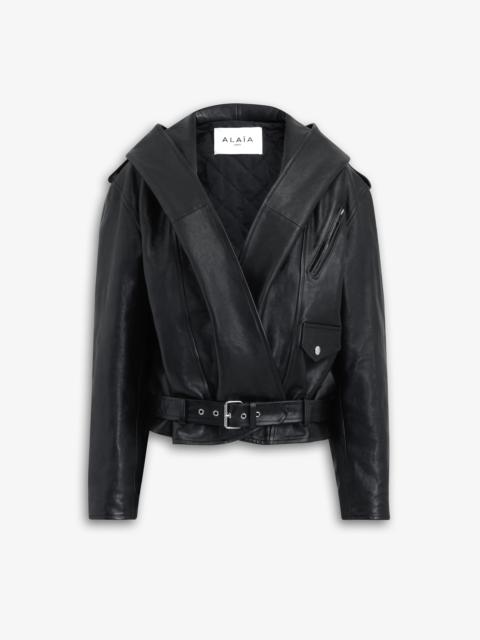 LEATHER HOODED BIKER JACKET