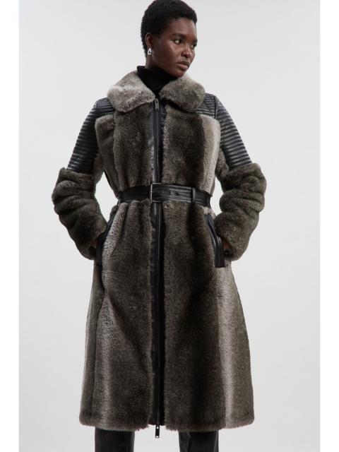 Petite Faux Fur & Faux Leather Panelled Biker Belted Long Coat