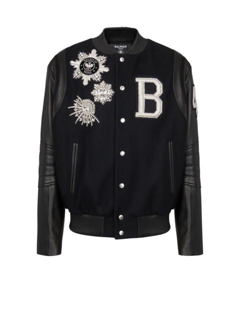 【関税＆送料込み】Balmain Monogrammed Varsity Jacket With Balmain Signature-embroidered Wool Varsity Jacket | Neutrals