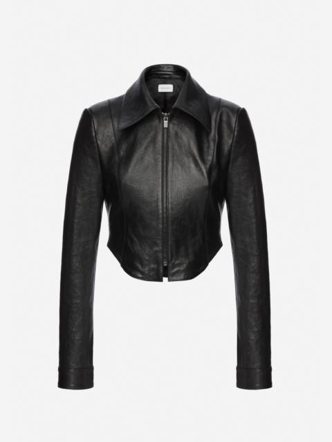 Curved hem leather jacket in black