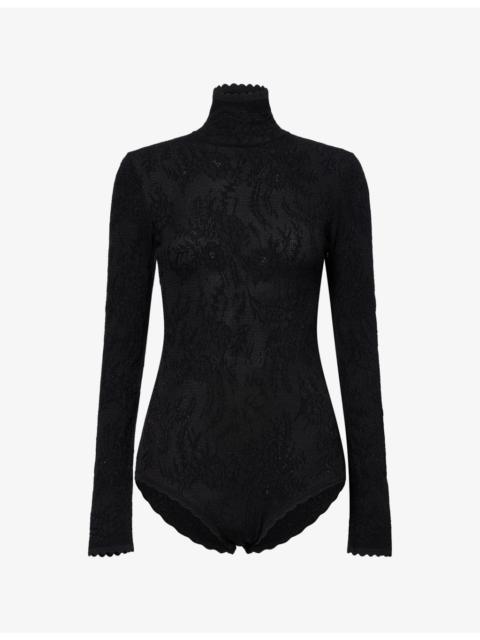 Lace-Embroidery Long-Sleeves Woven Bodysuit