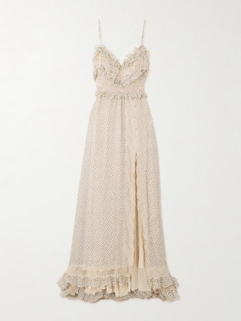 Lace-trimmed Ruffled Polka-dot Silk-georgette Gown