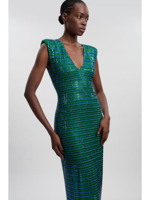 Premium Crystal Embellished Jersey Sleeveless Plunge Neck Midi Dress