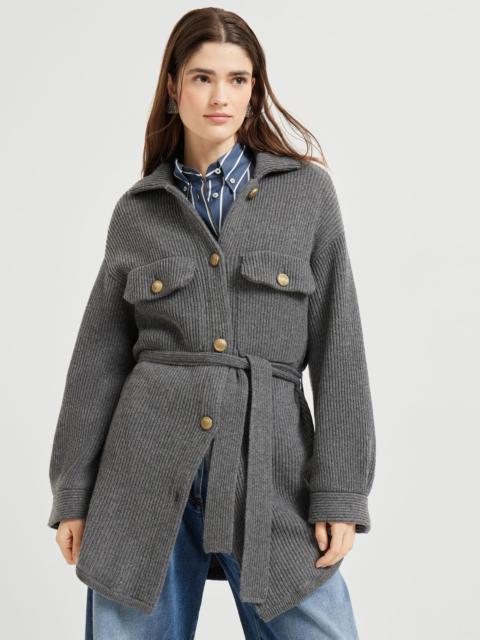 Virgin wool, cashmere and silk English rib belted cardigan with metal buttons