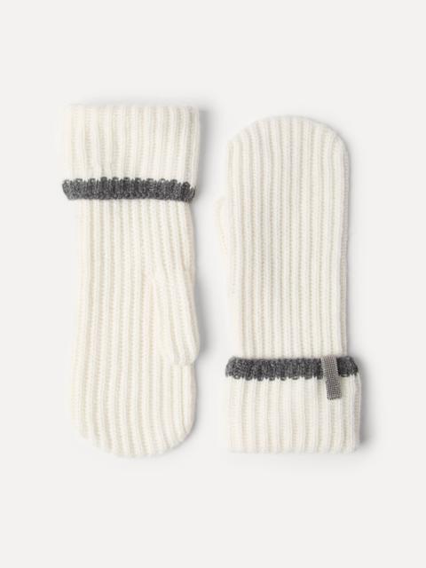 Cashmere English rib knit mittens with monili