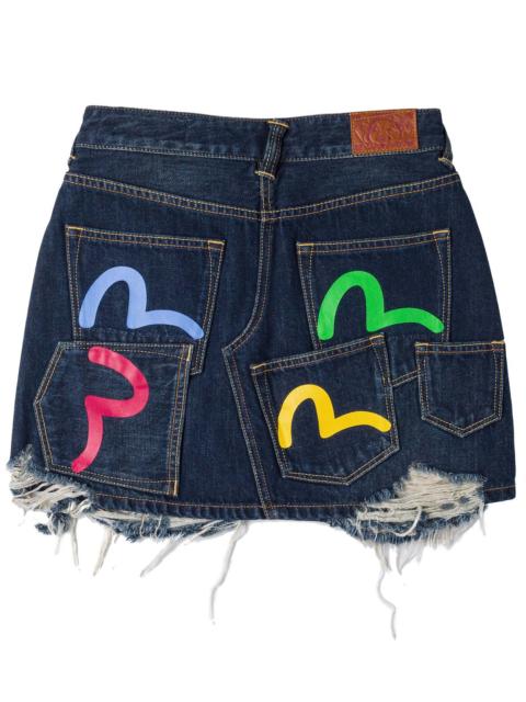 Seagull Print Multi-Pocket Denim Skirt