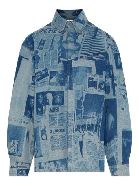 newspaper print denim shirt