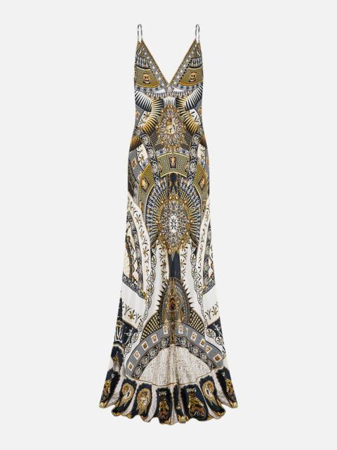 V NECK LONG BIAS SLIP DRESS WITH TRAIN