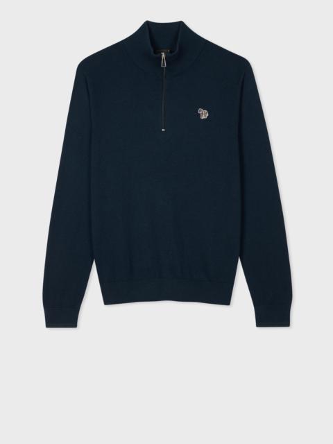 Dark Navy Cotton-Blend Half Zip Zebra Logo Sweater