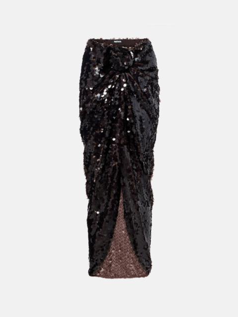 Asymmetric gathered sequined maxi skirt