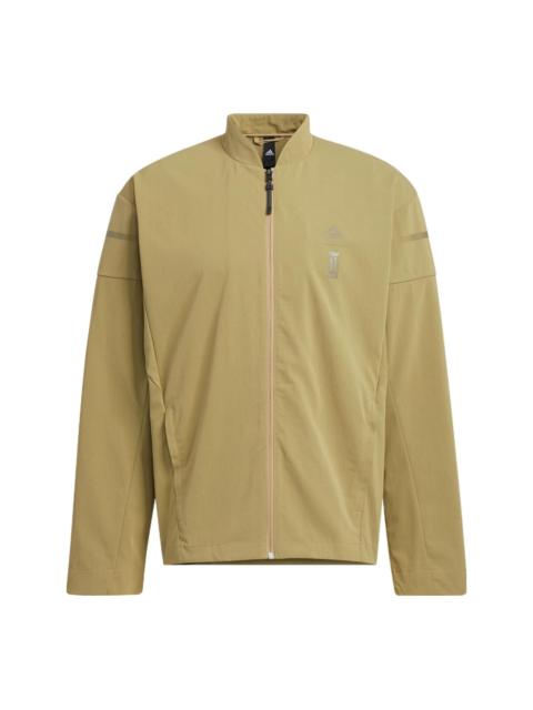 Men's adidas Chest Logo Stand Collar Zipper Long Sleeves Jacket Brown HM5171