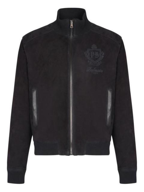 embroidered-emblem suede jacket
